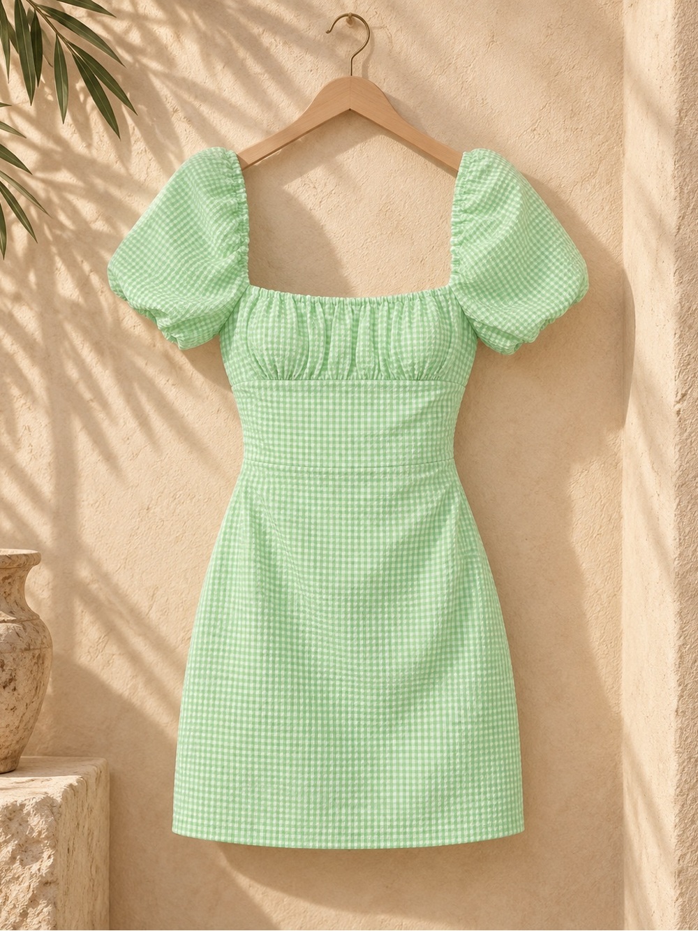 Zara Mint Gingham Puff Sleeve Mini Dress